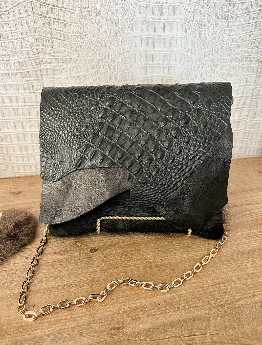 Black Hide and Croc Double Flap Clutch/Crossbody