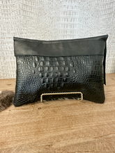 Load image into Gallery viewer, Black Brindle Hide with Croc Double Flap Clutch/Crossbody
