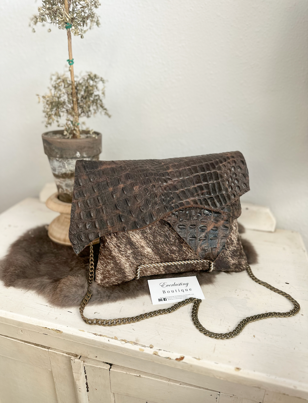 Coco Brown Croc with Brindle Hide Clutch/Crossbody