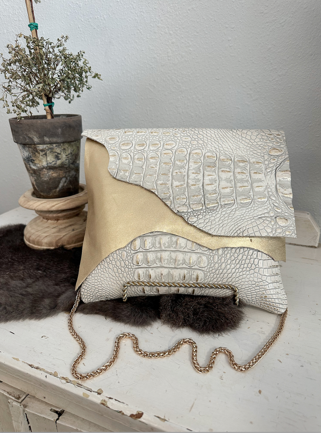 White and Gold Croc Double Flap Clutch/Crossbody