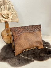 Load image into Gallery viewer, Tan Leather with Brindle Hide Clutch/Crossbody
