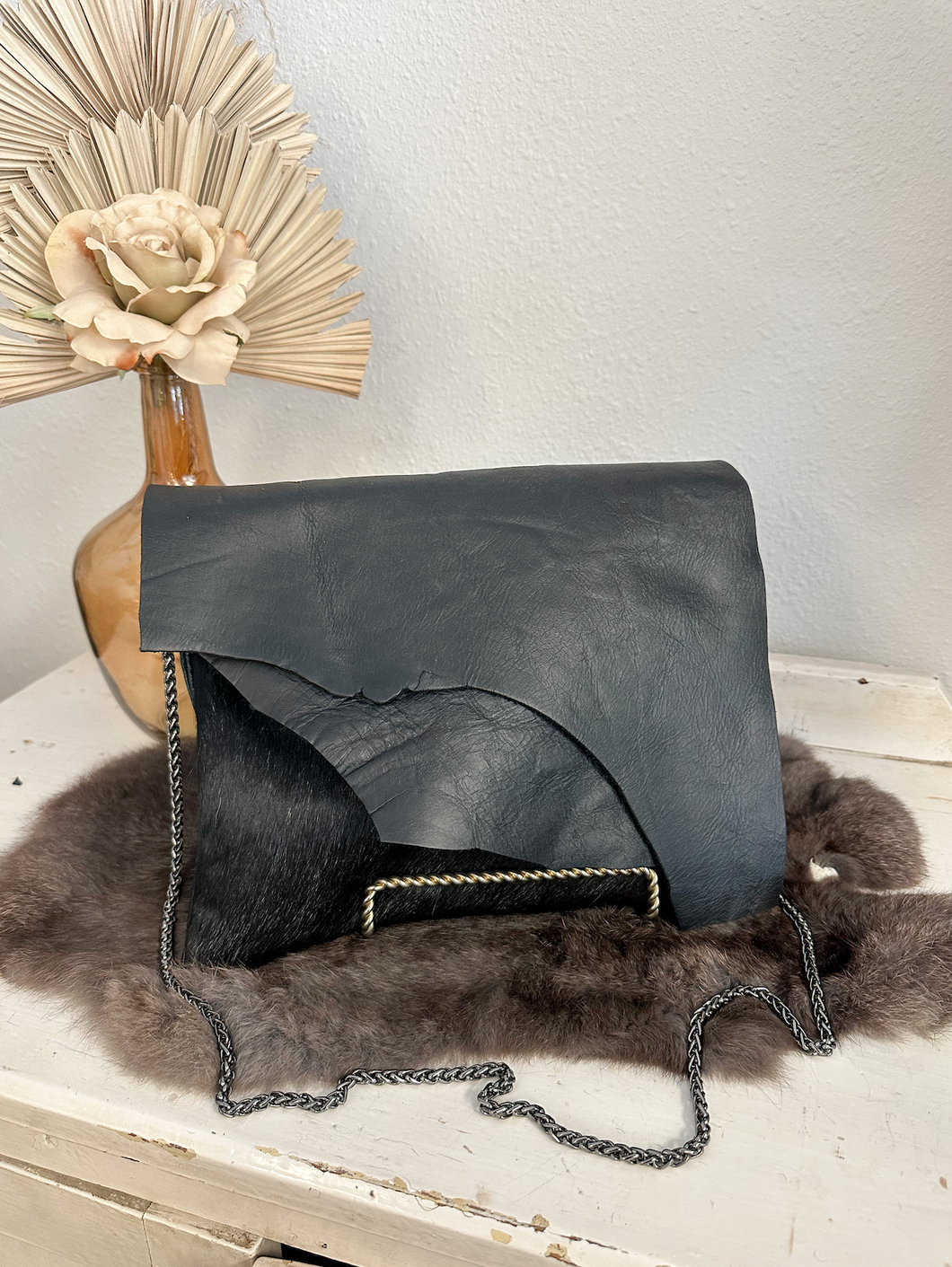 Black Hide and croc with Double Flap Clutch/Crossbody