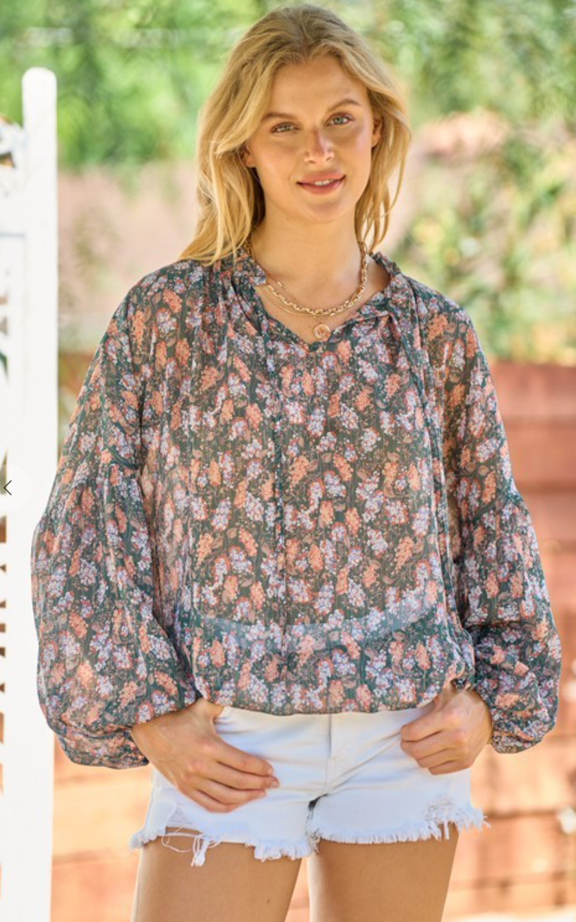 Flower Print Bubble Sleeve Blouse