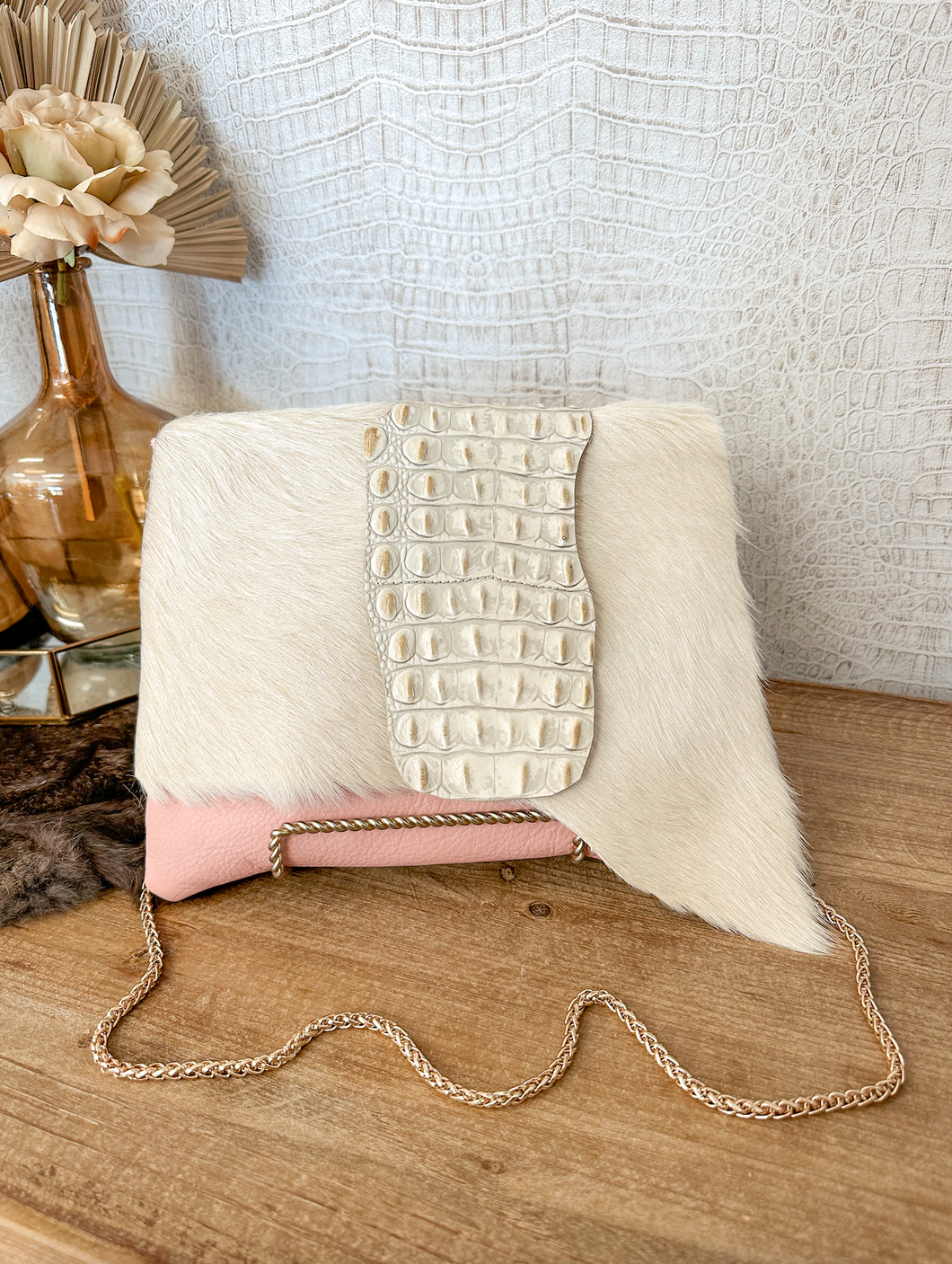 Pink Leather with Cream Hide Clutch/Crossbody