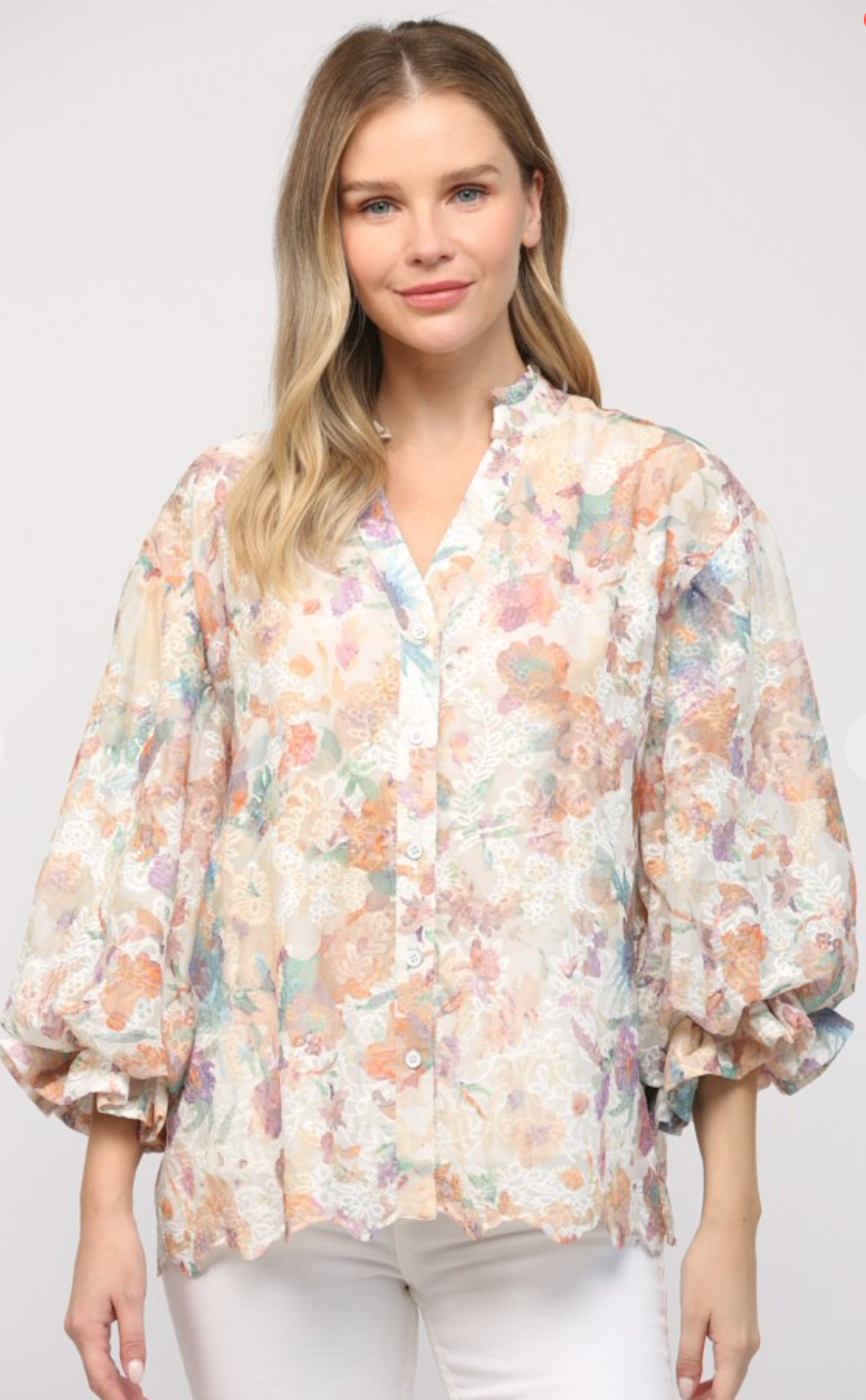 May Spring Floral Bubble Sleeve Blouse