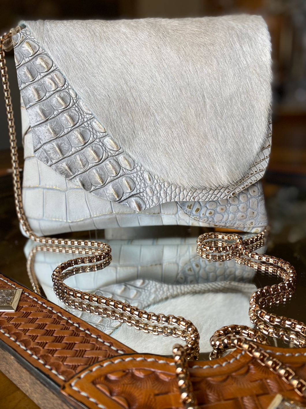 Double Cowhide and Gator Flap With Gold and White Gator Body Crossbody