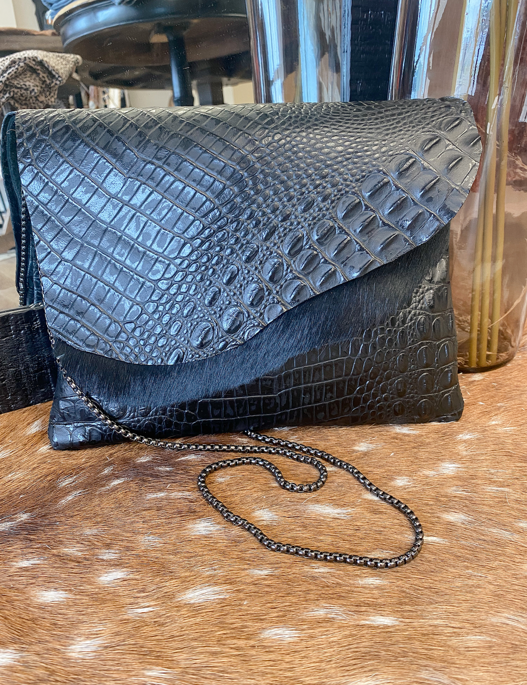 Black Double Flap Gator Clutch/Crossbody