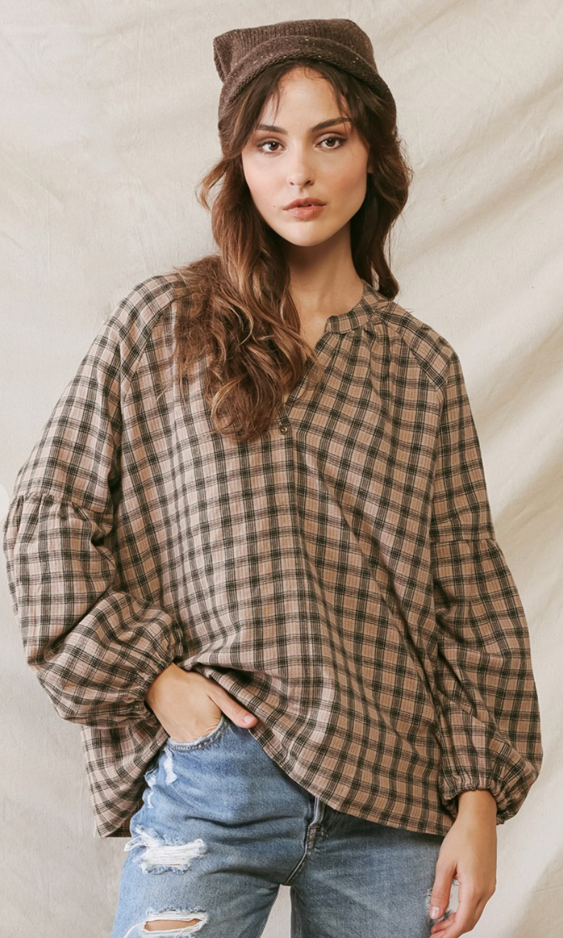 Black Plaid Ballon Sleeve Top