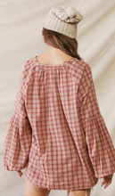 Load image into Gallery viewer, Wine Plaid Ballon Sleeve Top
