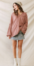 Load image into Gallery viewer, Wine Plaid Ballon Sleeve Top
