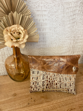 Load image into Gallery viewer, Grey/Brown Croc Body with Tan Leather Flap Clutch/Crossbody
