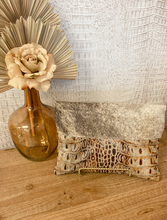 Load image into Gallery viewer, Grey/Brown Croc Body with Brindle Cowhide Flap Clutch/Crossbody
