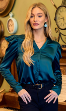 Load image into Gallery viewer, Satin Emerald Puff Sleeve Blouse
