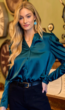 Load image into Gallery viewer, Satin Emerald Puff Sleeve Blouse
