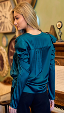 Load image into Gallery viewer, Satin Emerald Puff Sleeve Blouse
