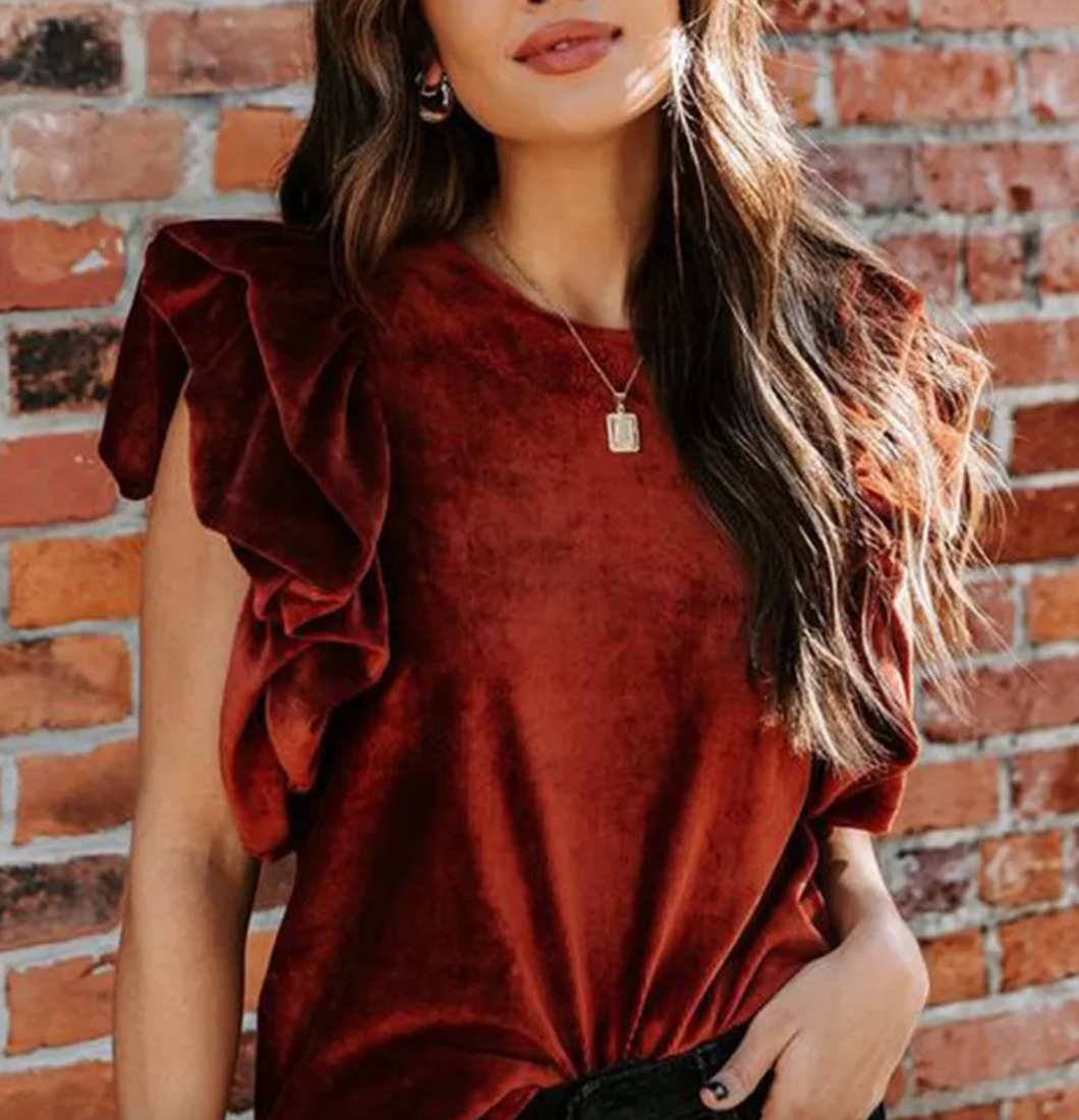 Velvet Rust Flutter Sleeve Blouse