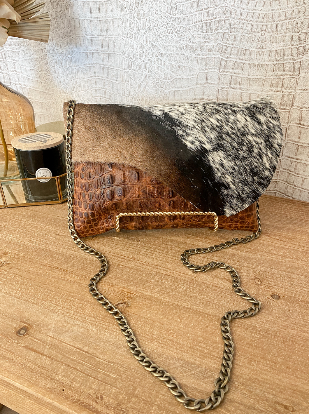 Speckled Cowhide Flap with Tan Croc Body Clutch/Crossbody