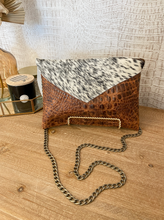 Load image into Gallery viewer, Speckled Cowhide Flap with Tan Croc Body Clutch/Crossbody
