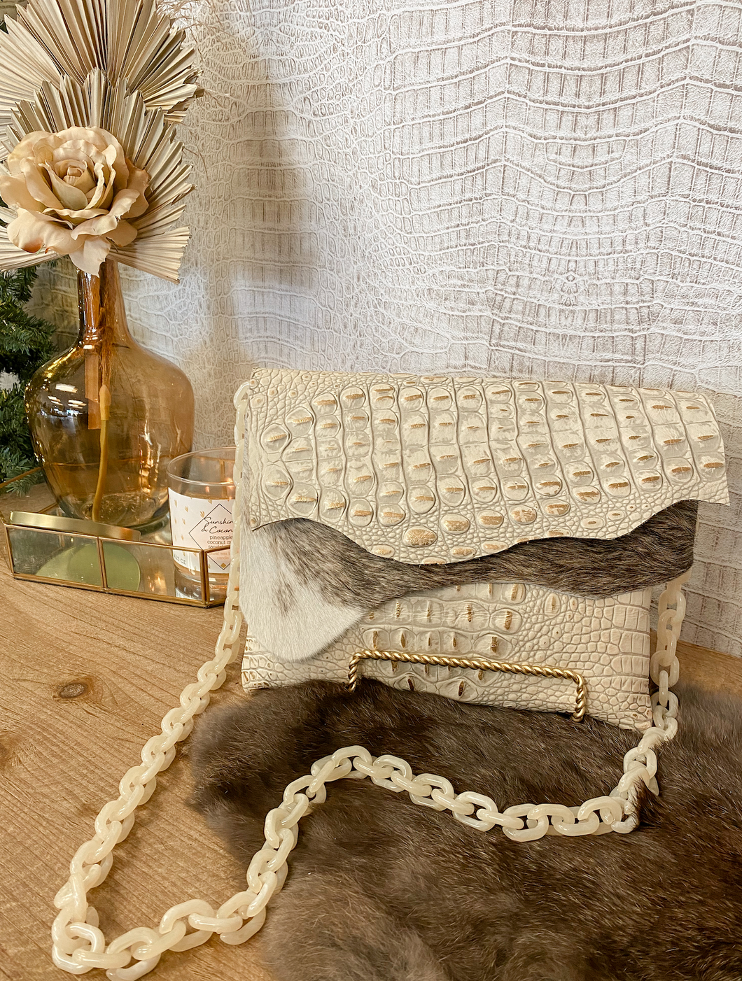 Gold/White Croc with Brindle Hide Clutch/Crossbody