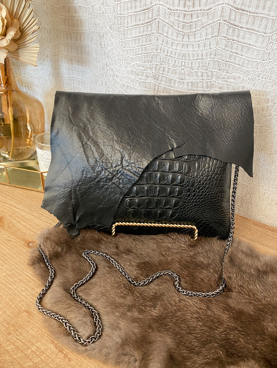 Black Croc With Solid Leather Flap