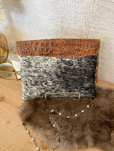 Load image into Gallery viewer, Black and White Speckled Hide with Tan Croc Flap Crossbody/Clutch
