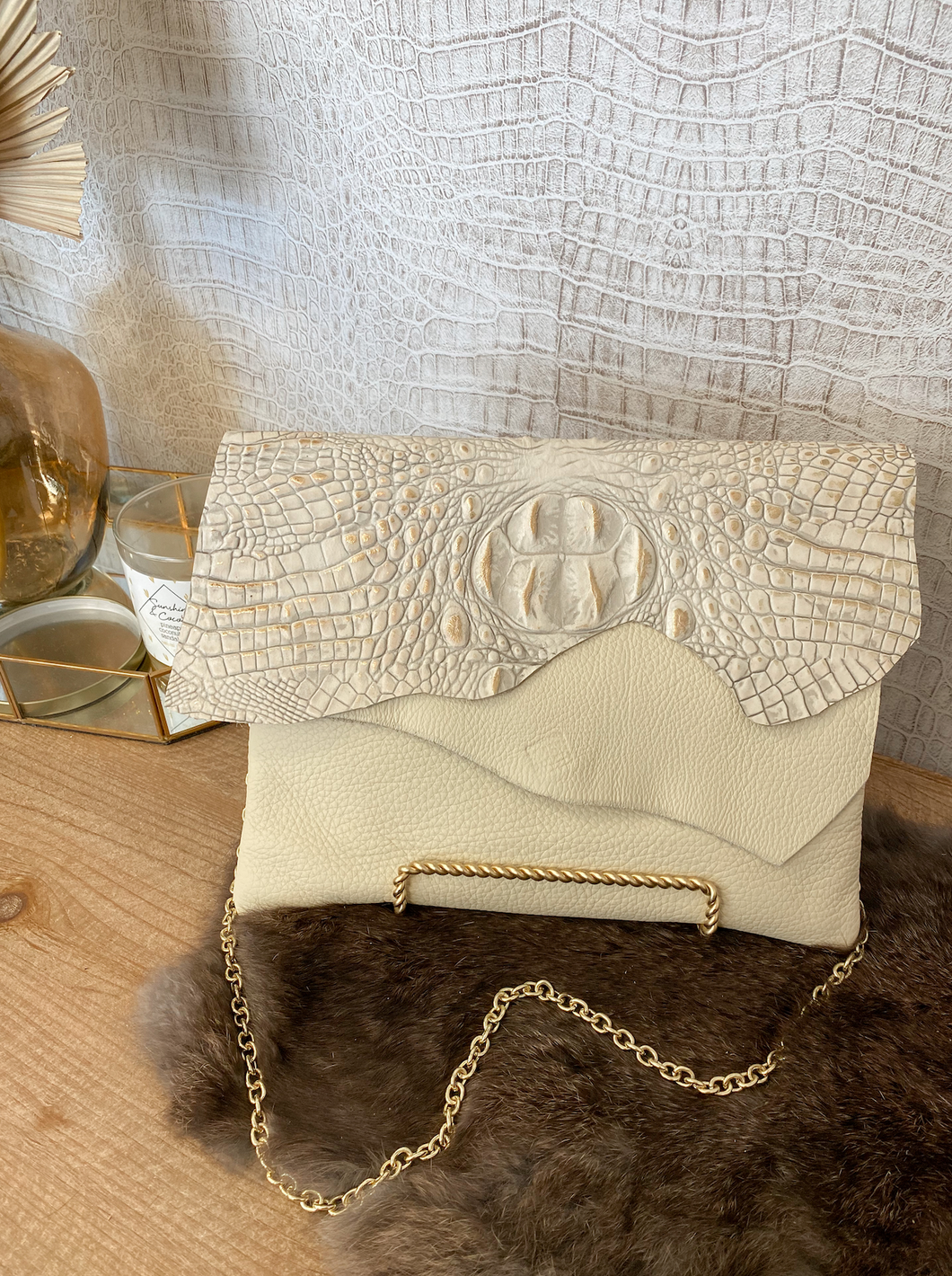 Solid Cream with White/Gold Croc Double Flap Clutch/Crossbody