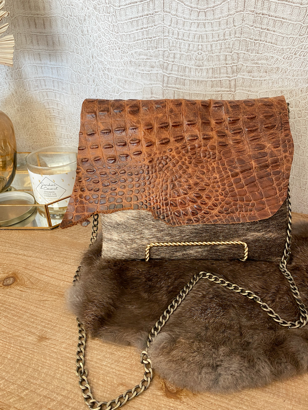 Brindle Hide with Tan Croc Flap Clutch/Crossbody