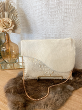 Load image into Gallery viewer, Gold/White Clutch/Crossbody With White Hide Flap
