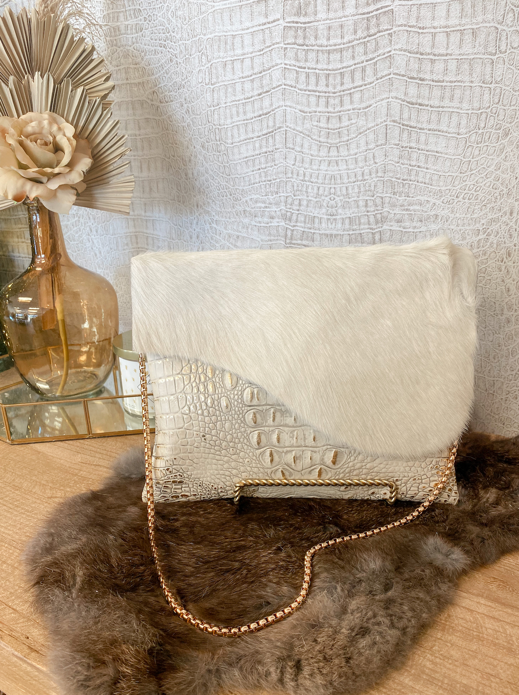 Gold/White Clutch/Crossbody With White Hide Flap