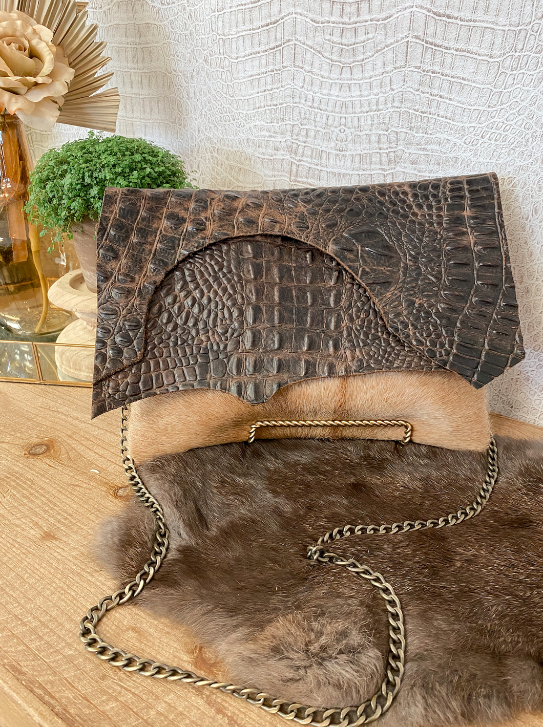 Linebacker with Chocolate Brown Croc Double Flap Clutch/Crossbody