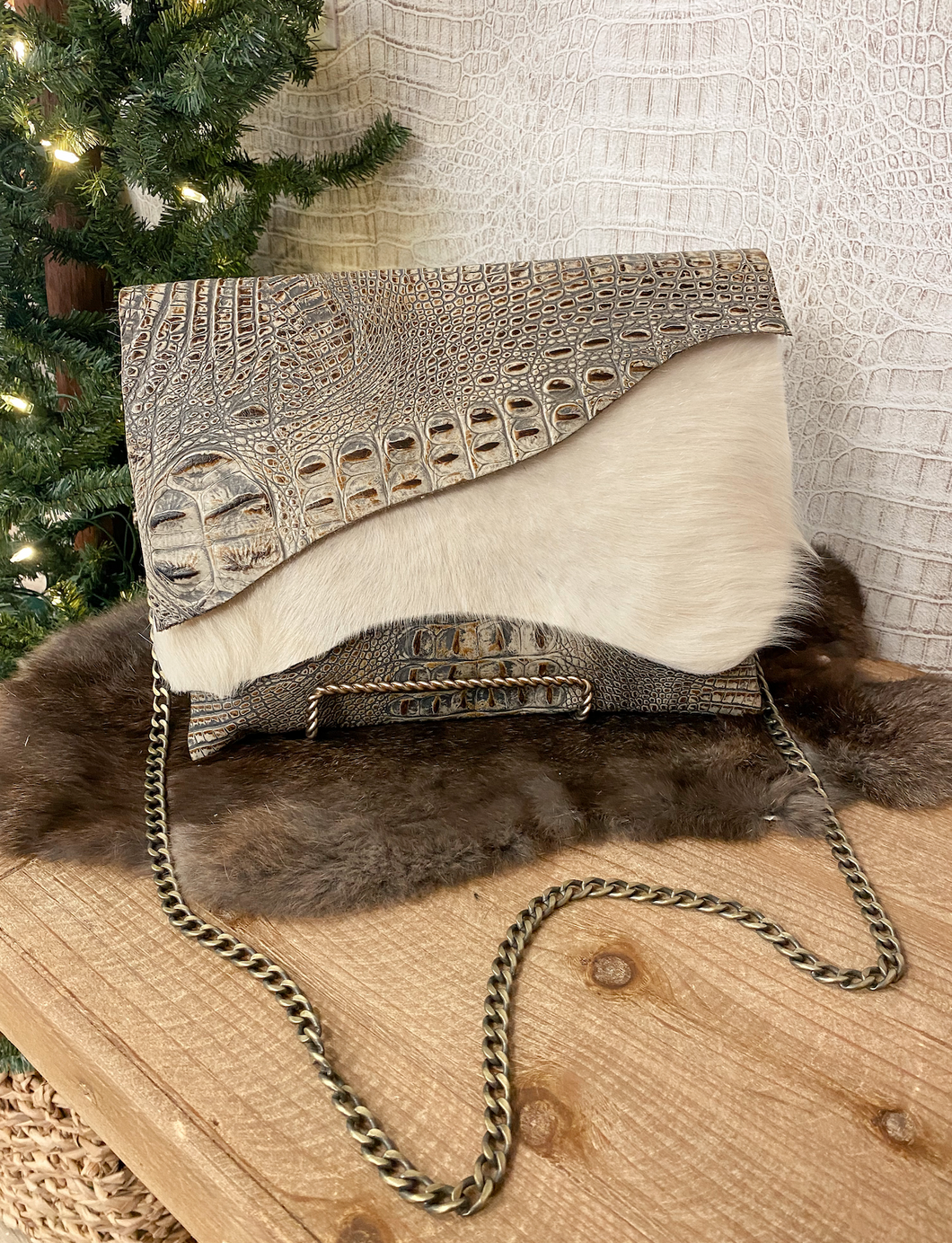 Brown/Grey Croc with White Hide Clutch/Crossbody