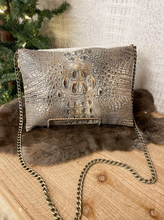 Load image into Gallery viewer, Brown/Grey Croc with White Hide Clutch/Crossbody
