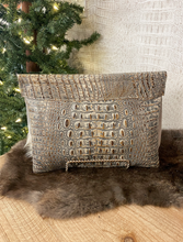 Load image into Gallery viewer, Brown/Grey Croc with White Hide Clutch/Crossbody
