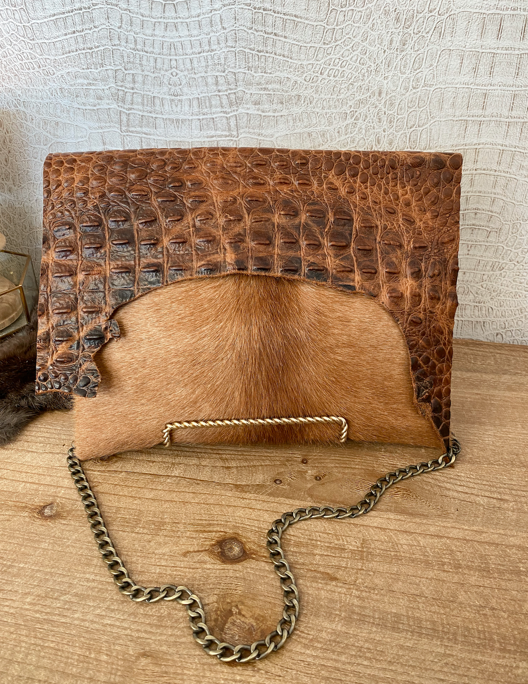 Linebacker Hide with Tan Croc Flap Clutch/Crosbody