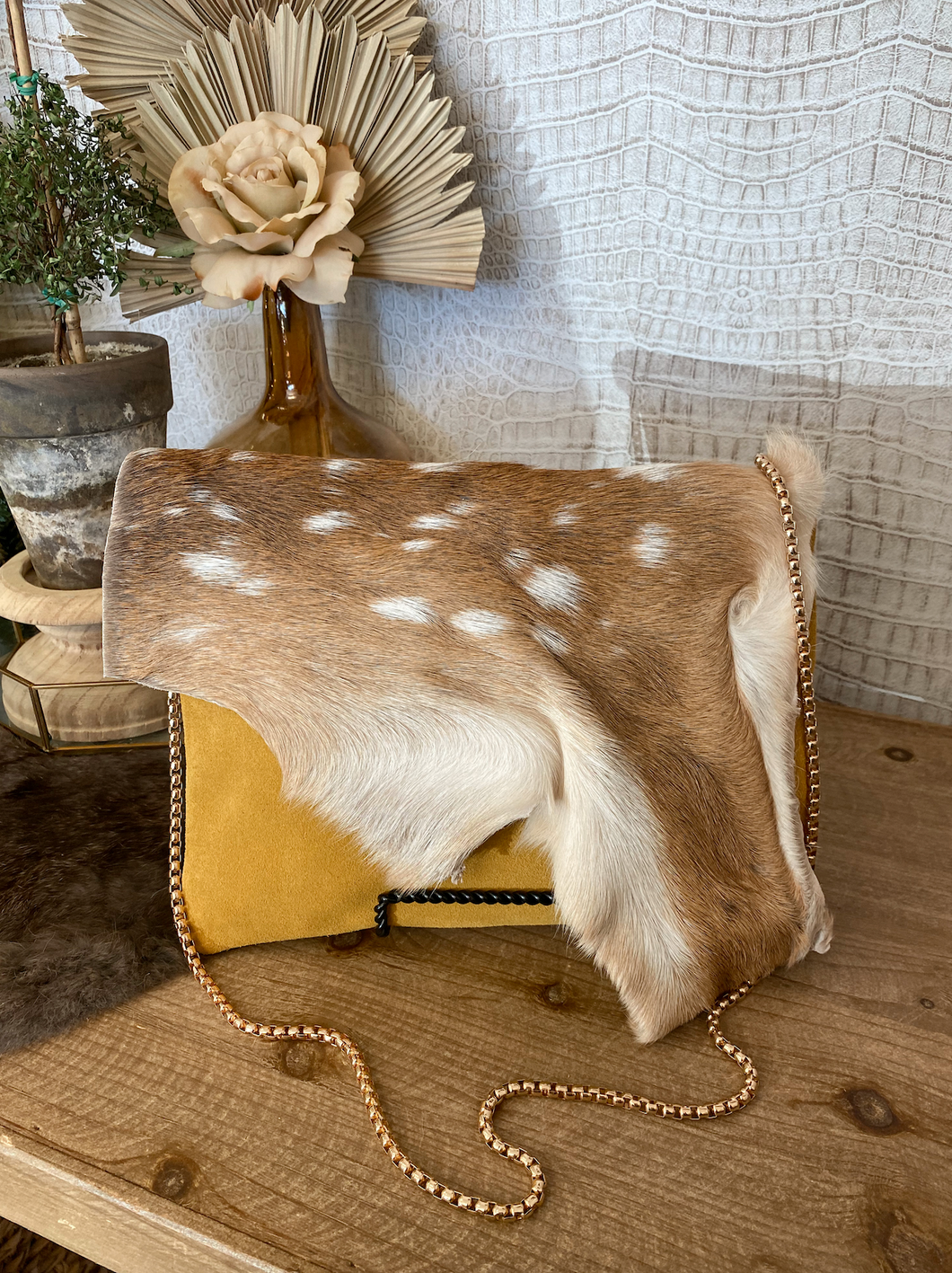 Mustard Yellow Suede with Gold Croc & Axis Flap Clutch/Crossbody