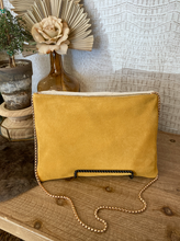 Load image into Gallery viewer, Mustard Yellow Suede with Gold Croc &amp; Axis Flap Clutch/Crossbody
