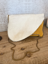 Load image into Gallery viewer, Mustard Yellow Suede with Cream Hide Flap Clutch/Crossbody
