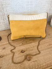 Load image into Gallery viewer, Mustard Yellow Suede with Cream Hide Flap Clutch/Crossbody
