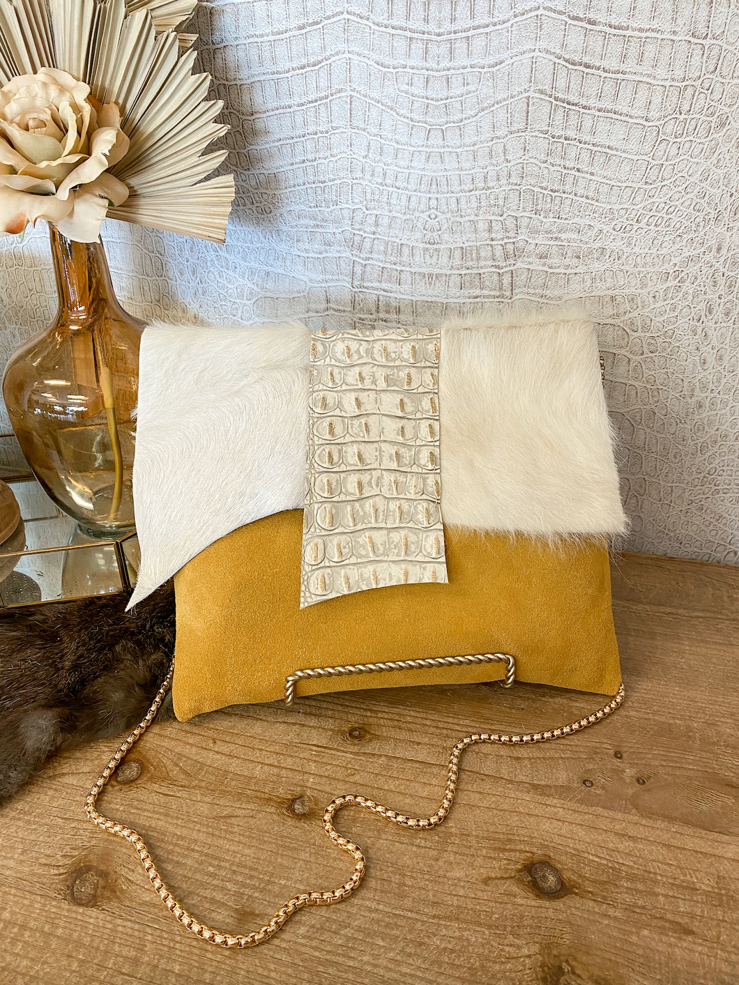 Mustard Yellow Suede with Cream Hide and Croc Detail Clutch/Crossbody