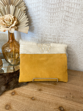 Load image into Gallery viewer, Mustard Yellow Suede with Cream Hide and Croc Detail Clutch/Crossbody
