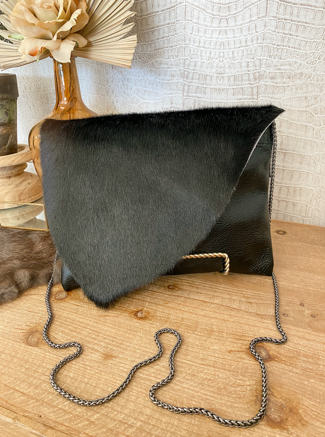 Solid Black with Black Hide Flap Clutch/Crossbody