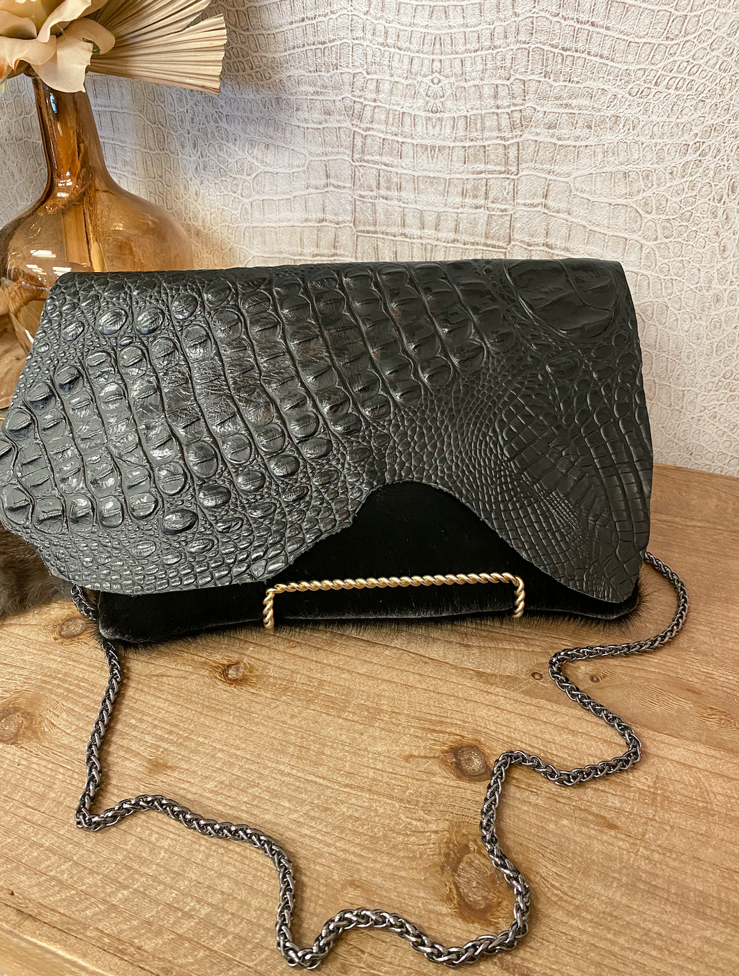 Black Croc and Hide Clutch/Crossbody