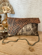 Load image into Gallery viewer, Brindle hide with tan Croc Clutch/Crossbody
