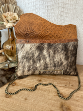 Load image into Gallery viewer, Brindle hide with tan Croc Clutch/Crossbody
