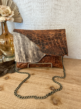 Load image into Gallery viewer, Double Flap Tan Croc with Brindle Hide Clutch/Crossbody
