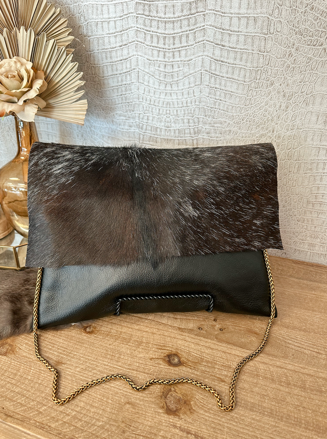 Black Speckled Hide with Solid Black Leather Clutch/Crossbody