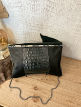 Load image into Gallery viewer, Black Hide with Croc Double Flap Clutch/Crossbody
