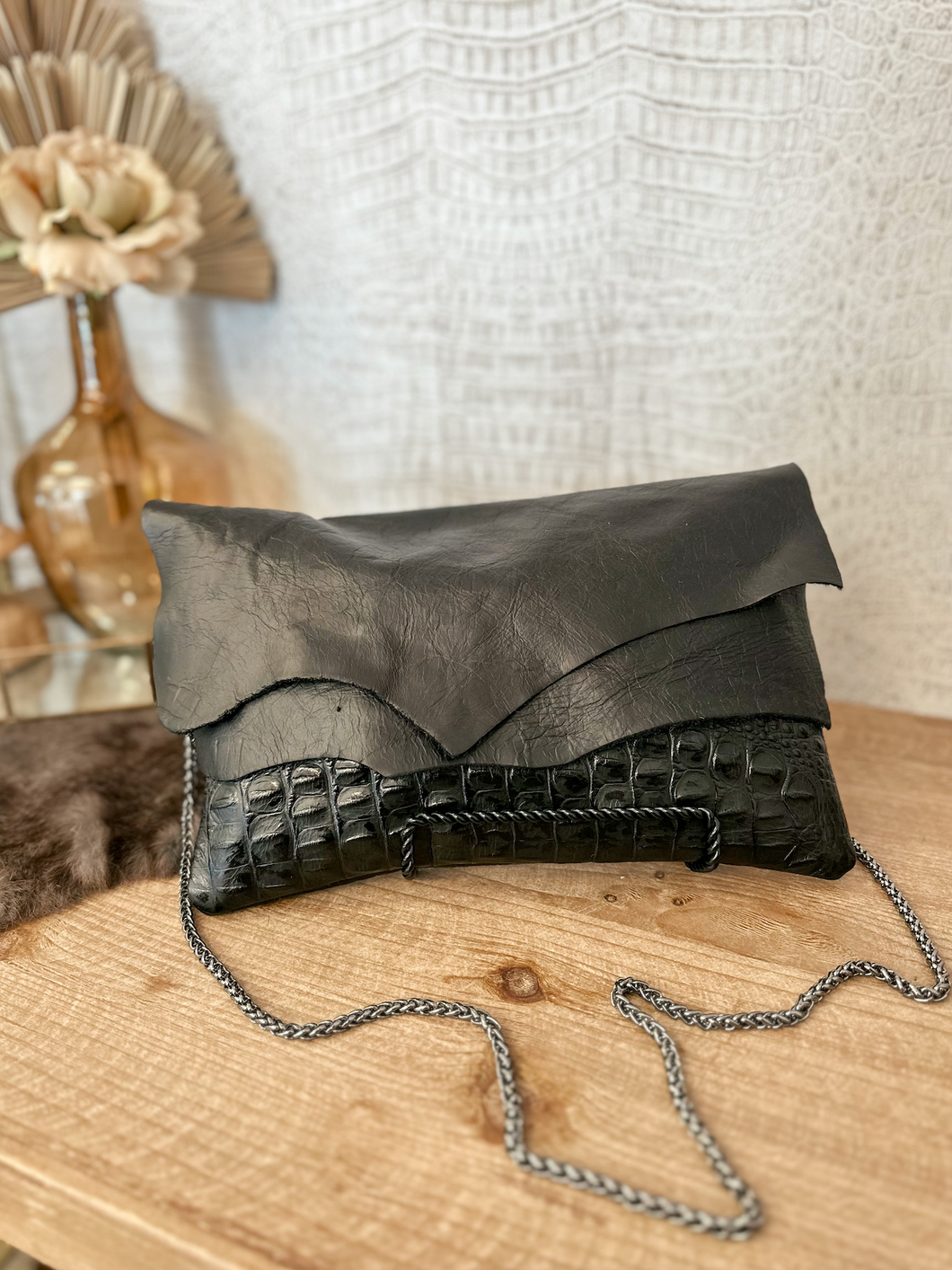 Black Croc with Solid Leather Double Flap Clutch/Crossbody