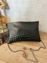 Load image into Gallery viewer, Black Croc with Solid Leather Double Flap Clutch/Crossbody
