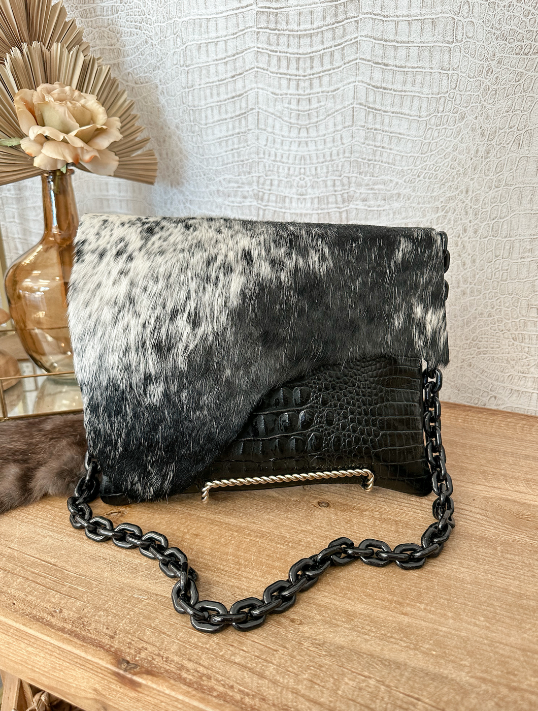 Black Croc with Black/White Spec Hide Crossbody